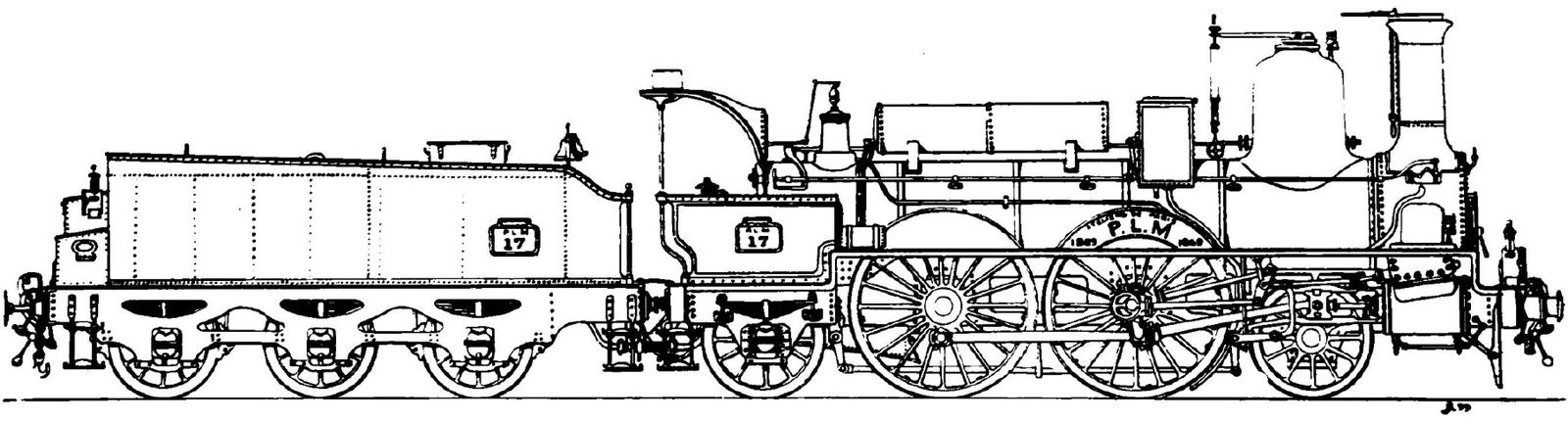 Lok der Paris-Lyon-Méditerranée von 1868, die erst nachträglich eine Nachlaufachse bekam