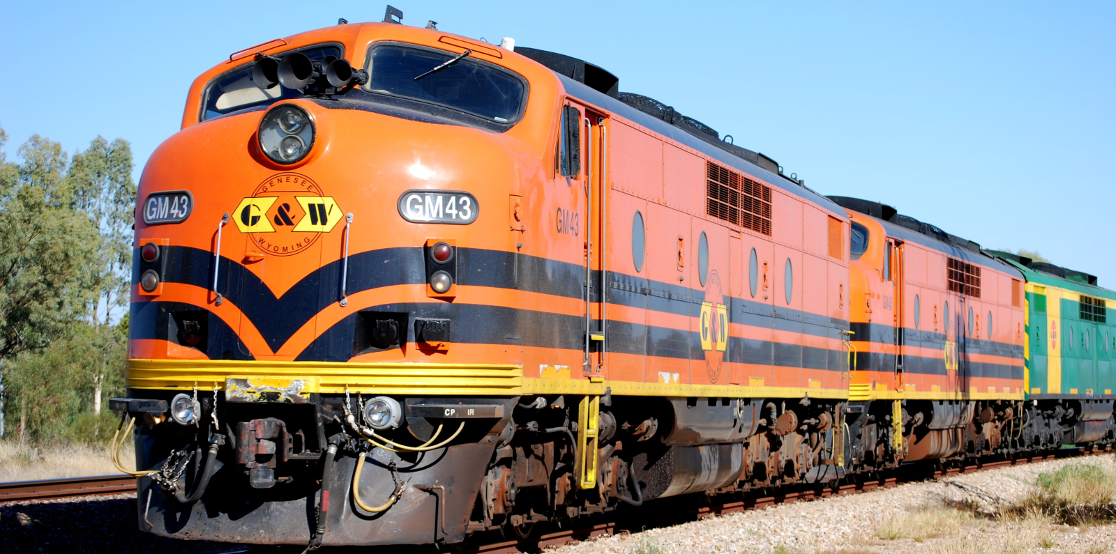 Genesee & Wyoming Australia's GM43 along with two other units in front of a barley train in April 2008 in Clare Valley, South Australia