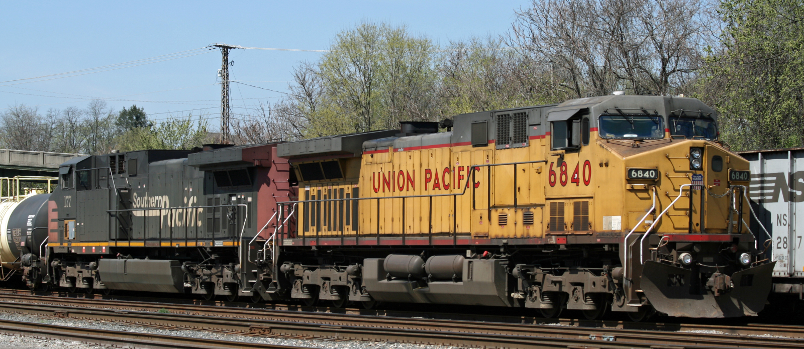 One AC4400CW each of Union Pacific and Southern Pacific in April 2010 in Roanoke, Virginia