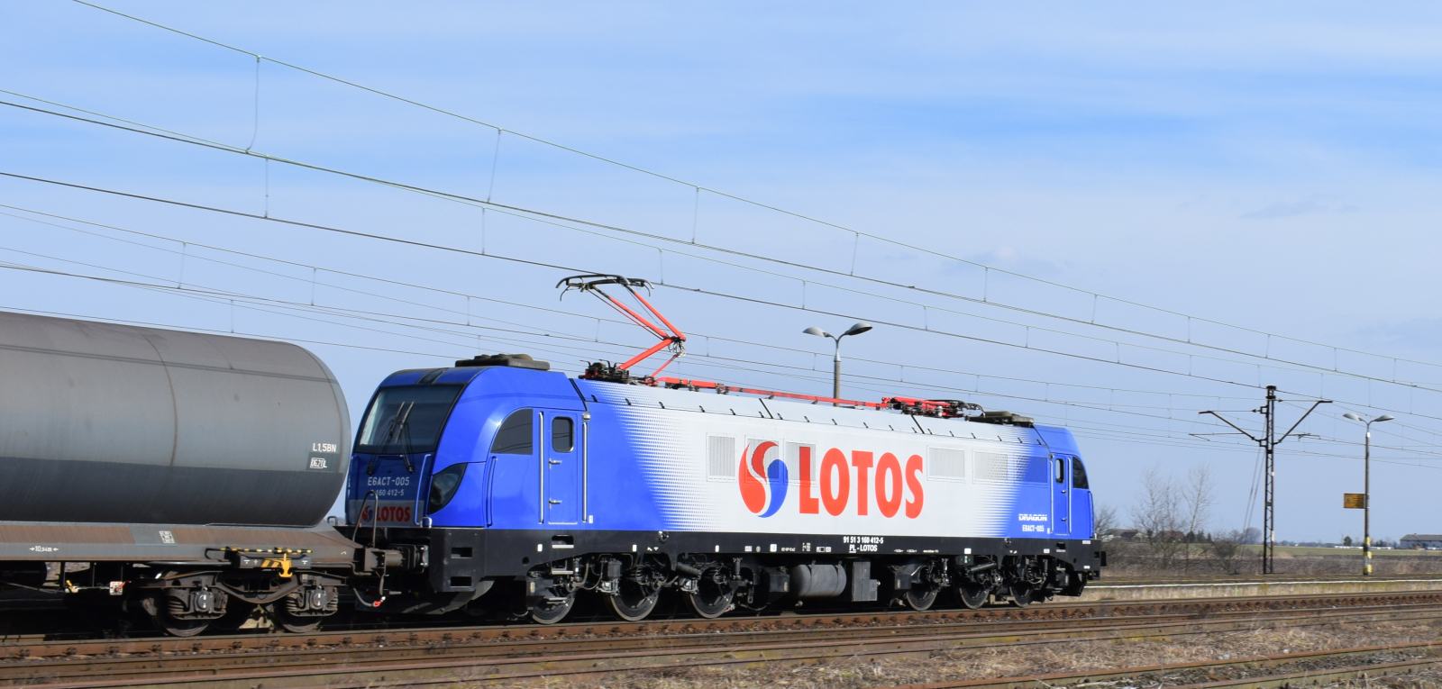 Lotos Kolej E6ACT-005 in March 2018 with a tank train