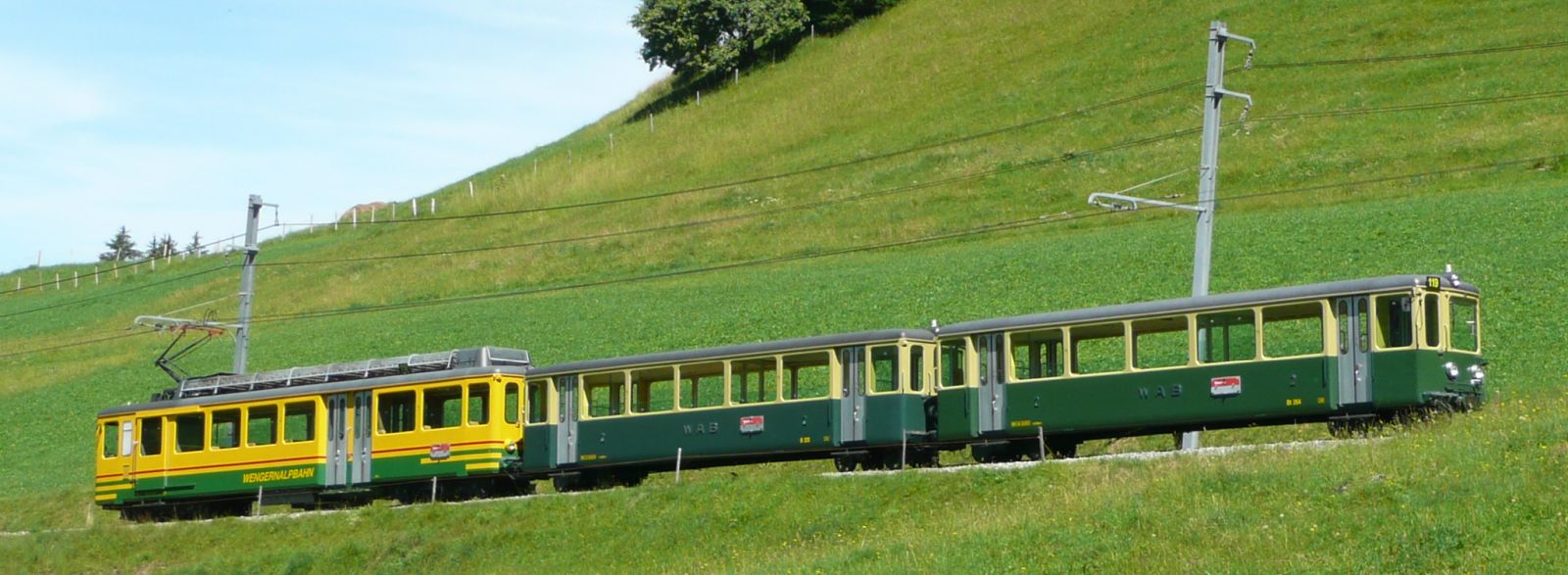 BDhe 4/4 mit zwei Vorstellwagen im August 2009 auf der Line Lauterbrunnen-Kleine Scheidegg